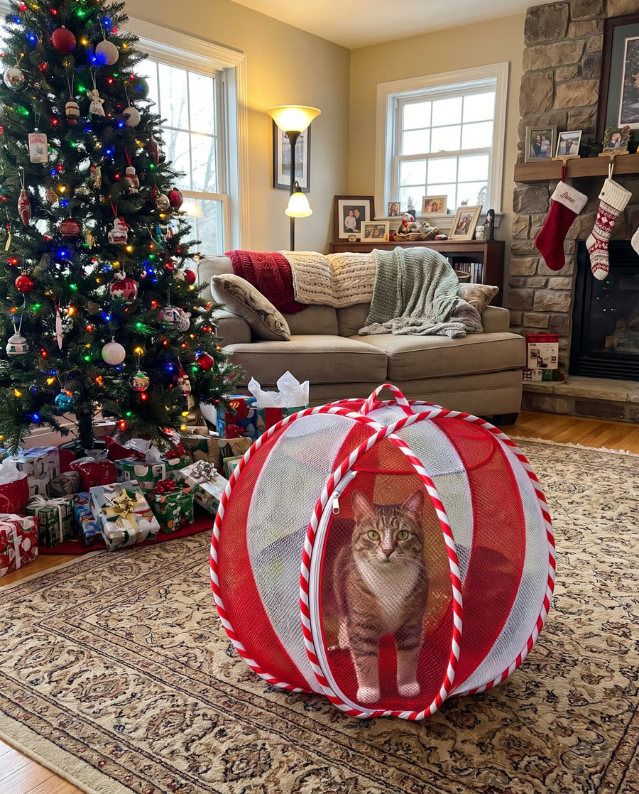 Cat inside the Peppermint cat ball next to the Christmas tree